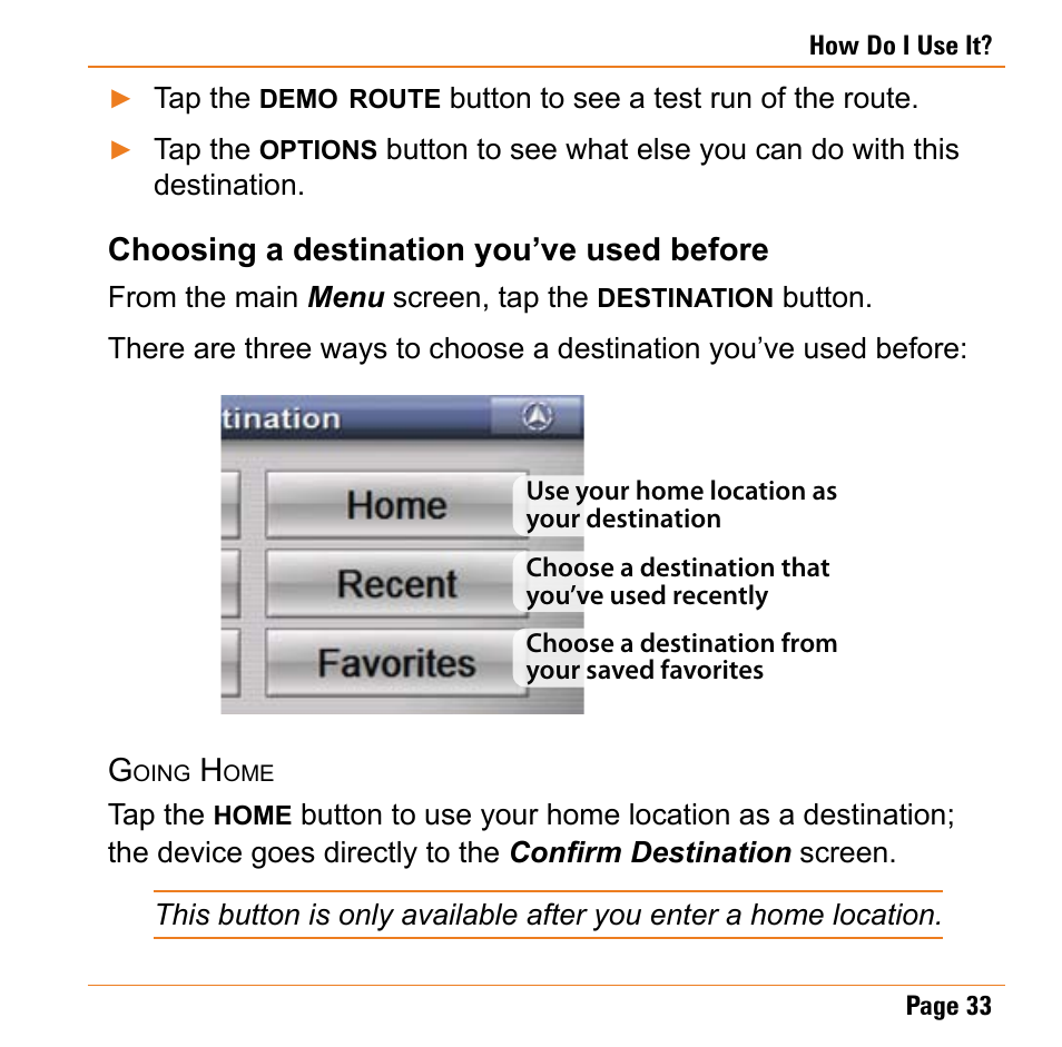 Choosing a destination you’ve used before, Going home, Choosing a destination you’ve used | Before | Uniden TRAX430 User Manual | Page 33 / 84