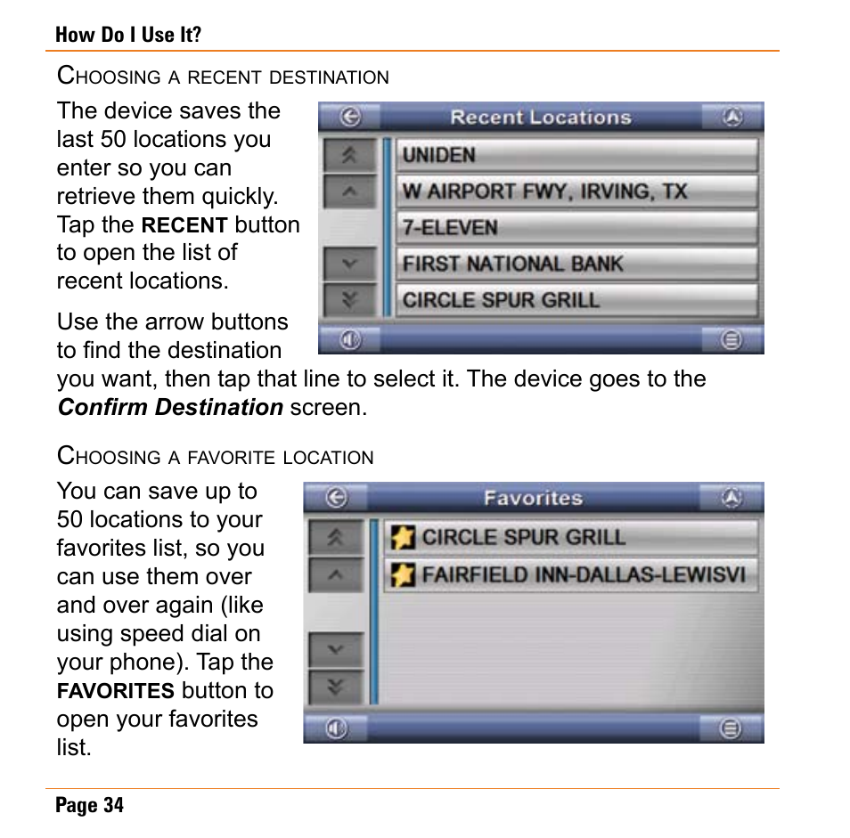 Choosing a recent destination, Choosing a favorite location | Uniden TRAX430 User Manual | Page 34 / 84