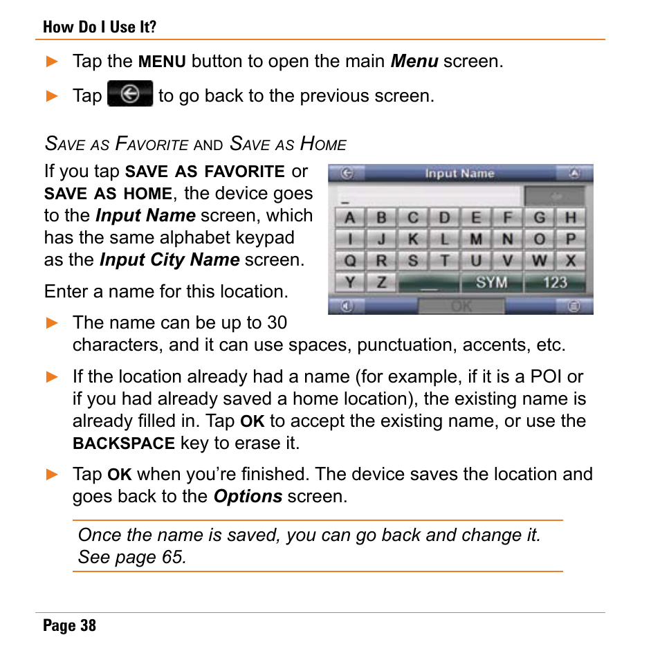 Save as favorite and save as home, Save.as.favorite and save.as.home, Save as favorite (p 38) | Uniden TRAX430 User Manual | Page 38 / 84