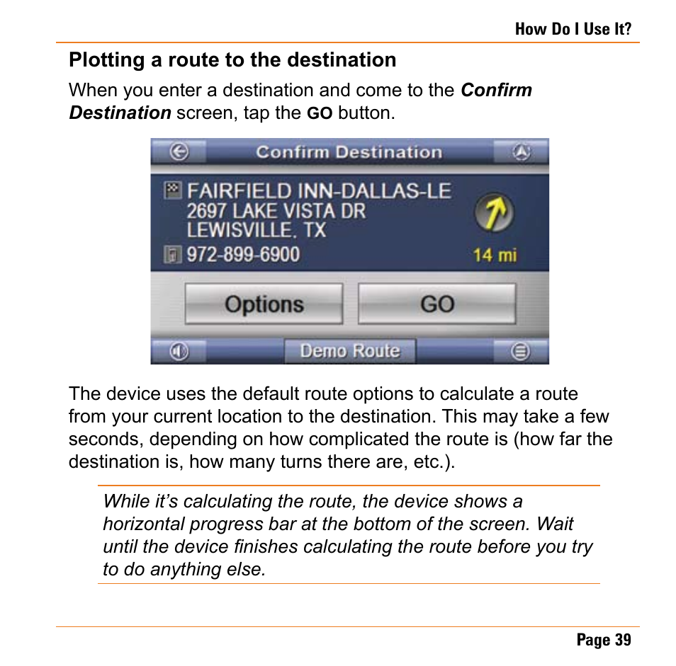 Plotting a route to the destination, Plotting a route to the destination (p 39 | Uniden TRAX430 User Manual | Page 39 / 84