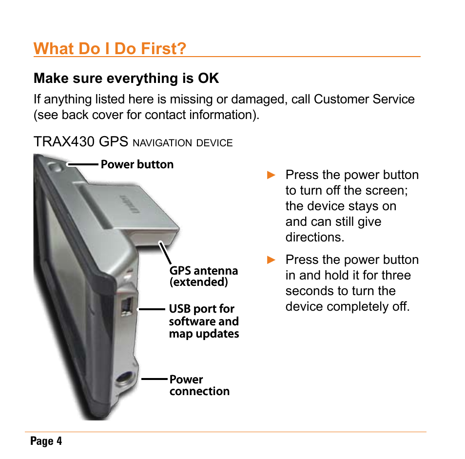 What do i do first, Make sure everything is ok, Trax430 gps navigation device | Trax430 gps | Uniden TRAX430 User Manual | Page 4 / 84