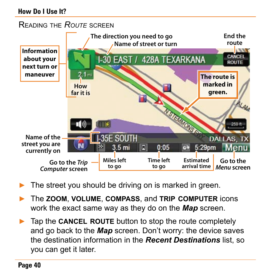 Reading the route screen | Uniden TRAX430 User Manual | Page 40 / 84