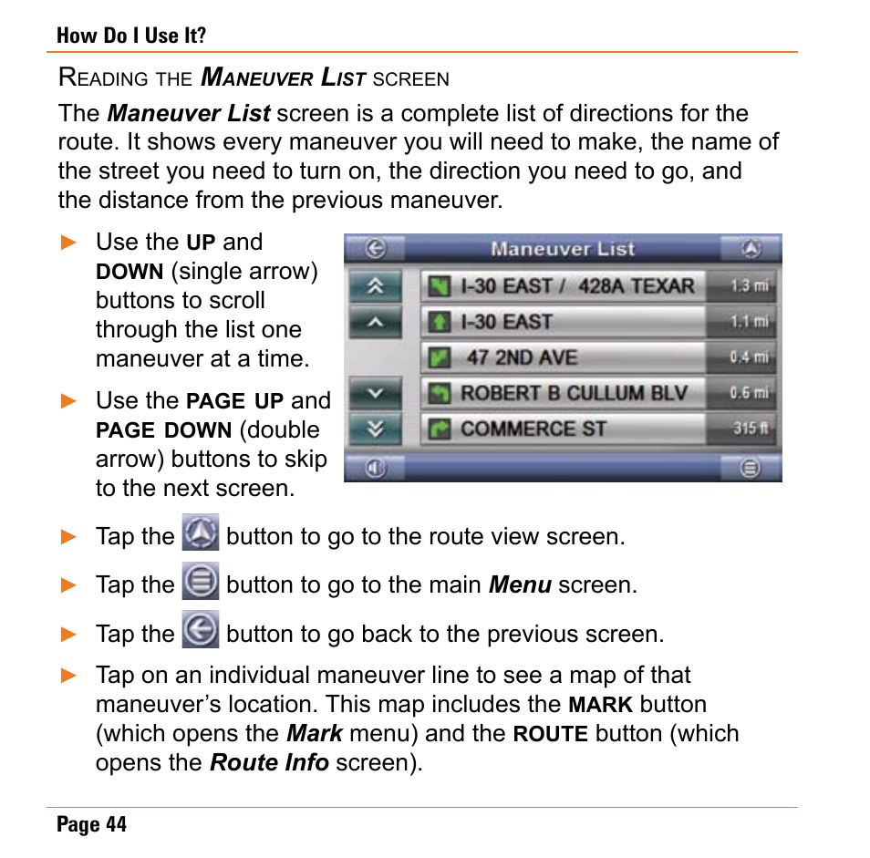 Reading the maneuver list screen, Screen (p 44 | Uniden TRAX430 User Manual | Page 44 / 84
