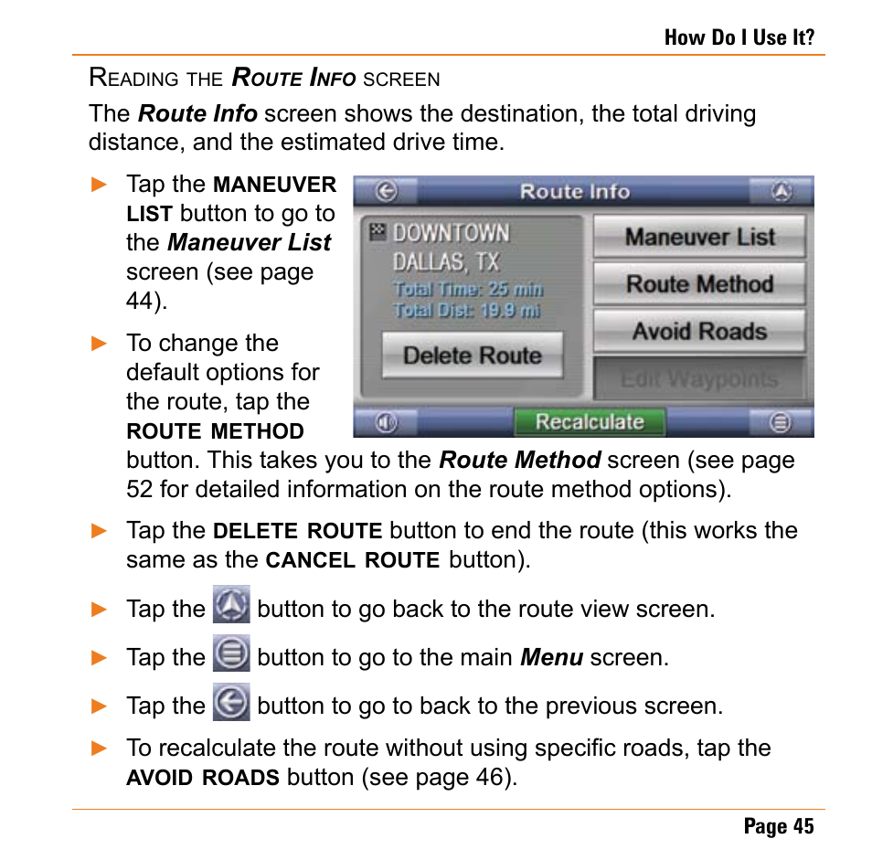 Reading the route info screen | Uniden TRAX430 User Manual | Page 45 / 84