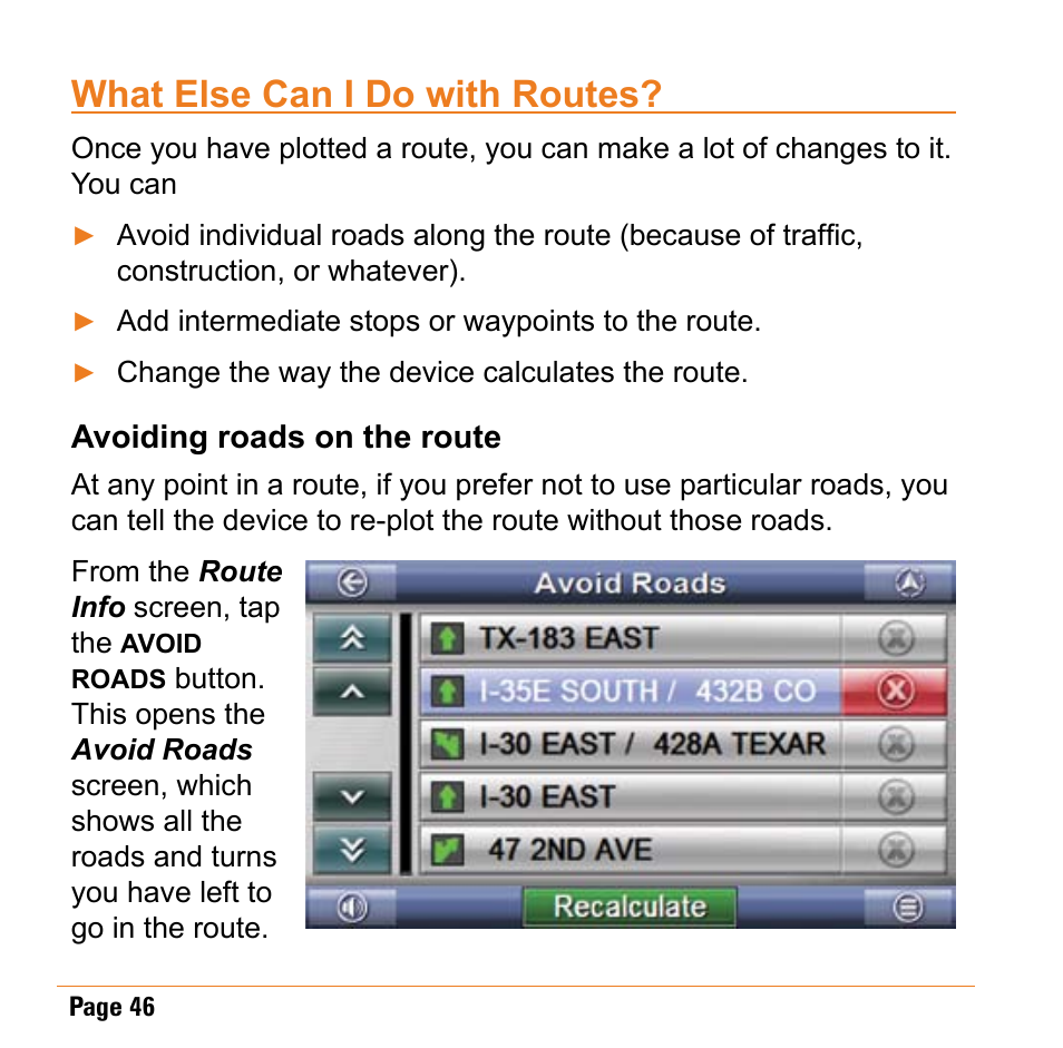 What else can i do with routes, Avoiding roads on the route, What else can i do with routes? 46 | Uniden TRAX430 User Manual | Page 46 / 84