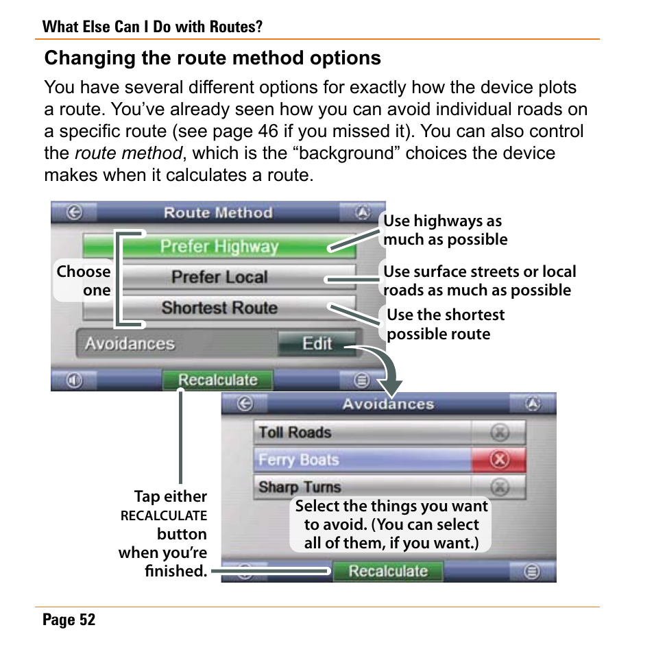 Changing the route method options, Changing the route method options . 52 | Uniden TRAX430 User Manual | Page 52 / 84