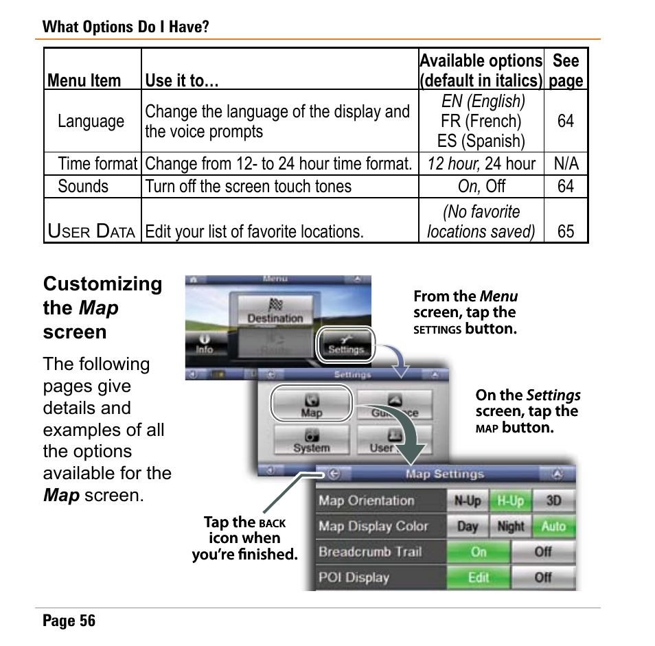 User data, Customizing the map screen | Uniden TRAX430 User Manual | Page 56 / 84