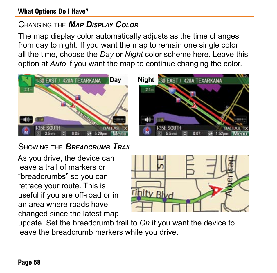 Changing the map display color, Showing the breadcrumb trail | Uniden TRAX430 User Manual | Page 58 / 84
