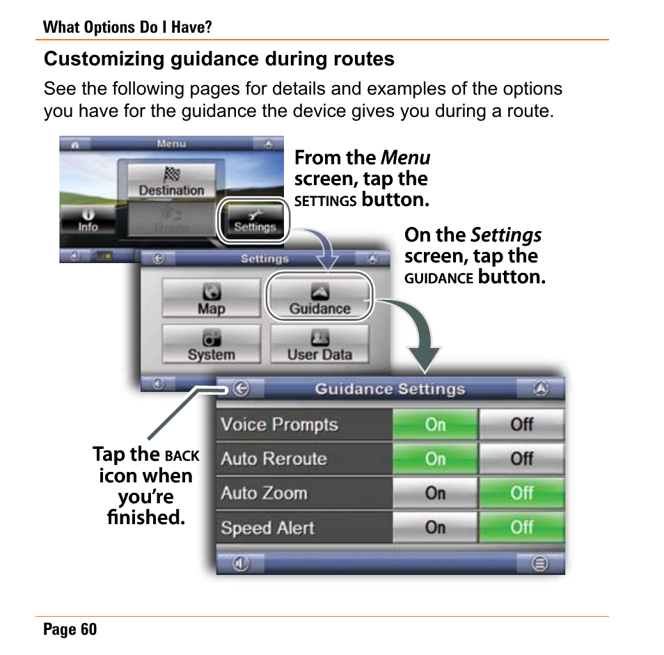 Customizing guidance during routes, Customizing guidance during routes 60 | Uniden TRAX430 User Manual | Page 60 / 84