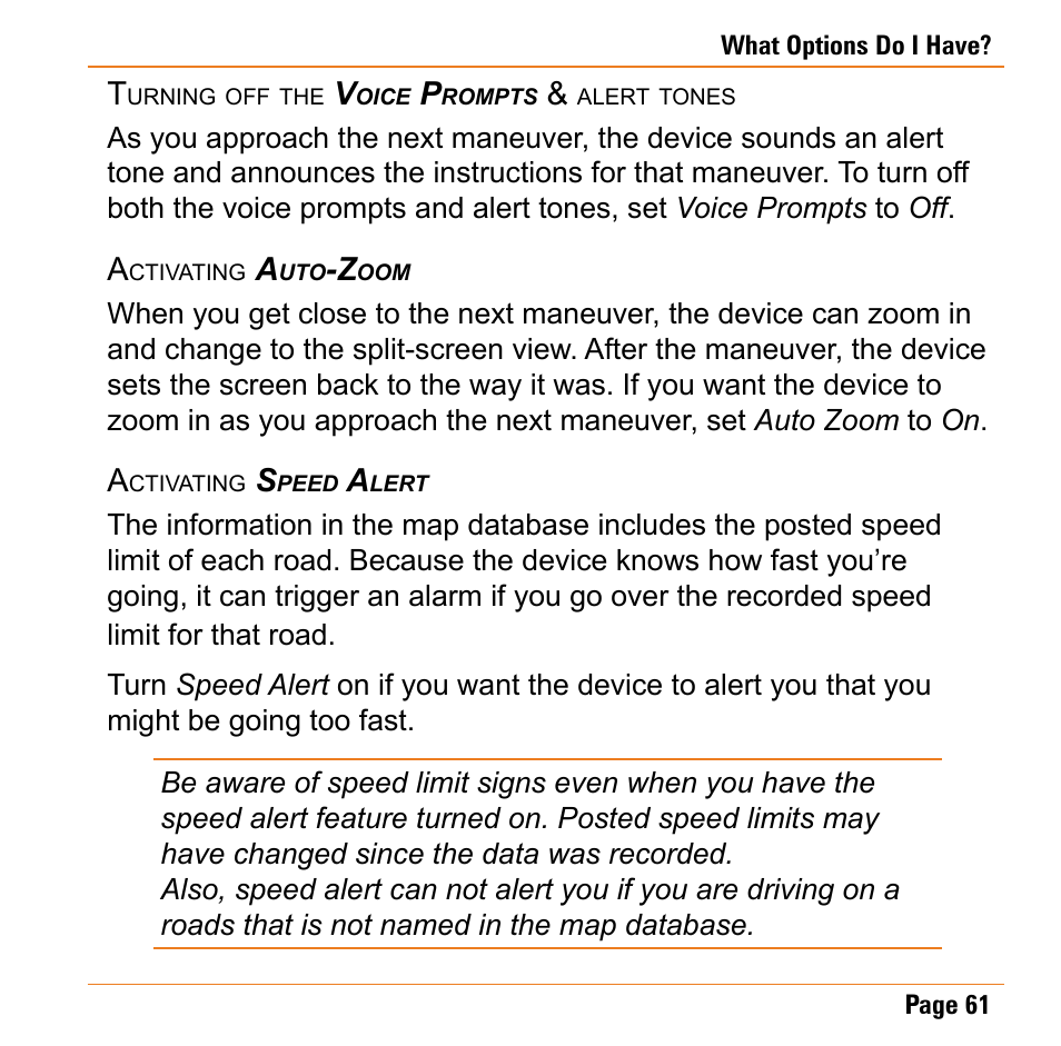 Turning off the voice prompts & alert tones, Activating auto-zoom, Activating speed alert | Turning off the voice prompts & alert, Tones | Uniden TRAX430 User Manual | Page 61 / 84