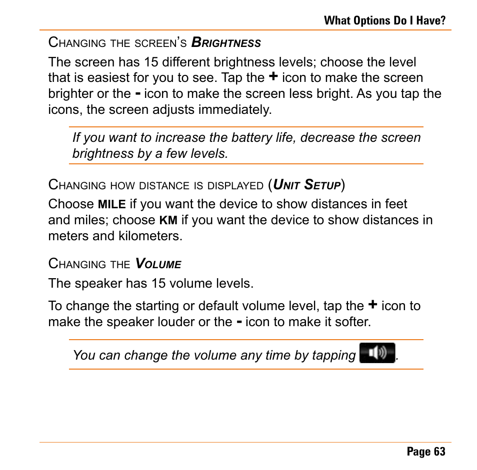 Changing the screen’s brightness, Changing how distance is displayed (unit setup), Changing the volume | Changing how distance is displayed, Unit setup ) | Uniden TRAX430 User Manual | Page 63 / 84