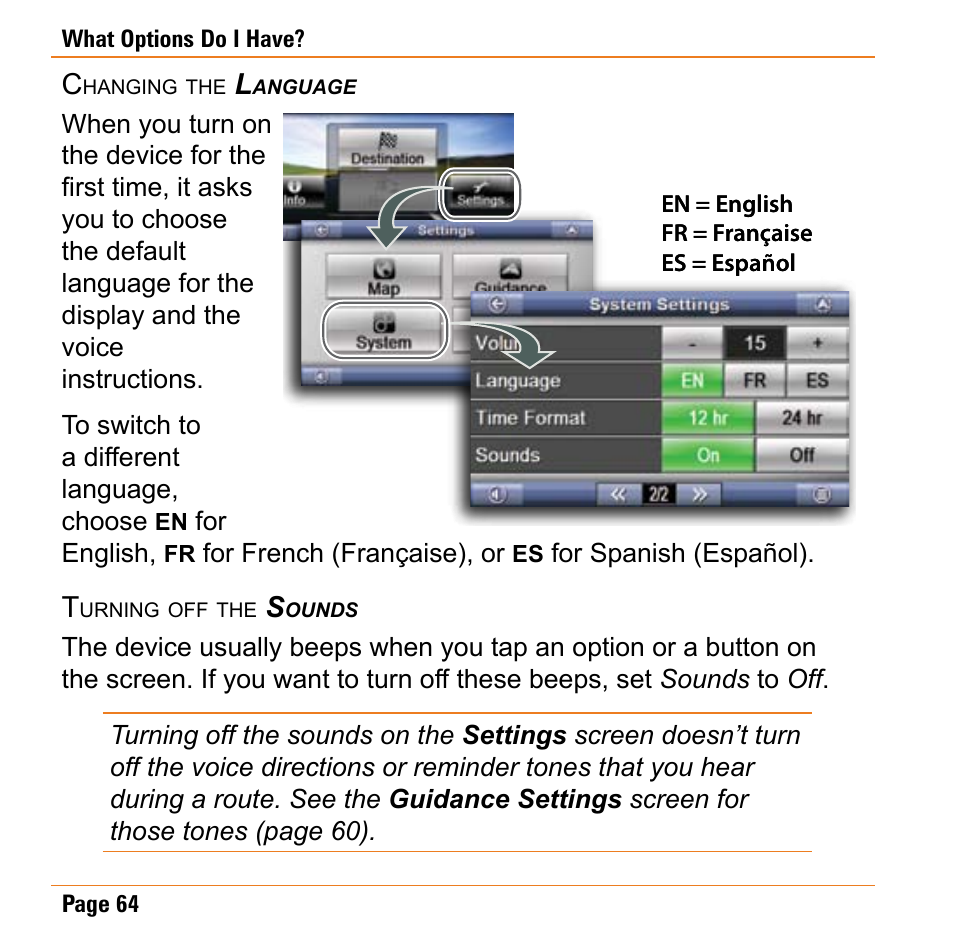 Changing the language, Turning off the sounds | Uniden TRAX430 User Manual | Page 64 / 84