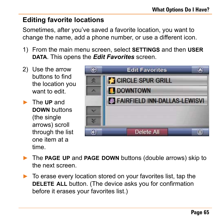 Editing favorite locations, Editing favorite locations (p 65) | Uniden TRAX430 User Manual | Page 65 / 84