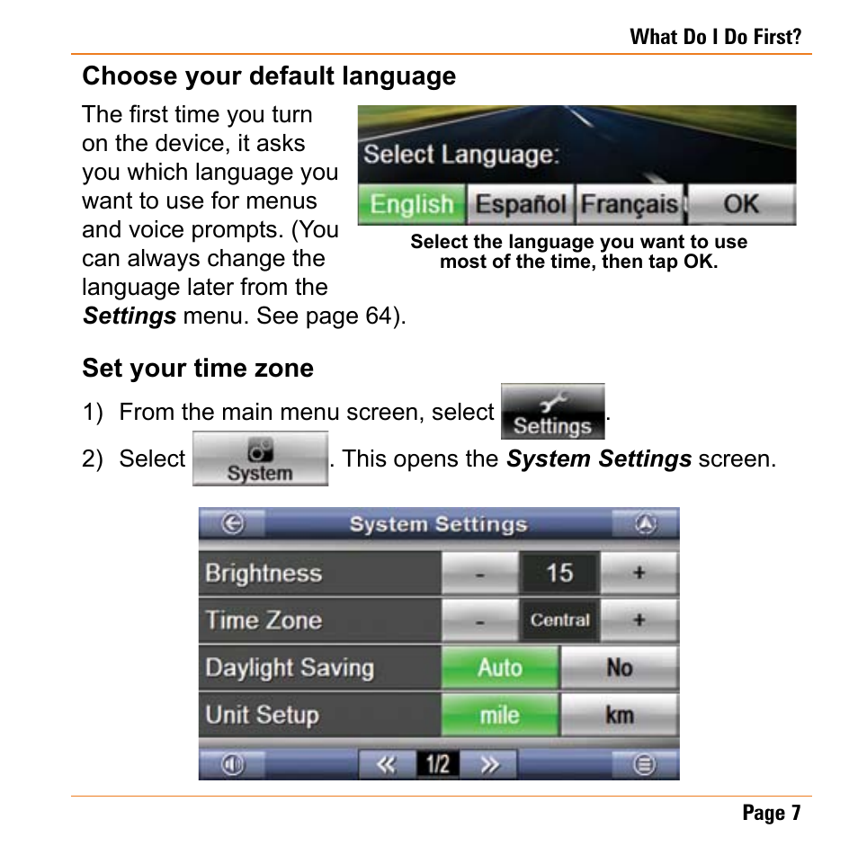 Choose your default language, Set your time zone, Choose your default language set your time zone | Uniden TRAX430 User Manual | Page 7 / 84
