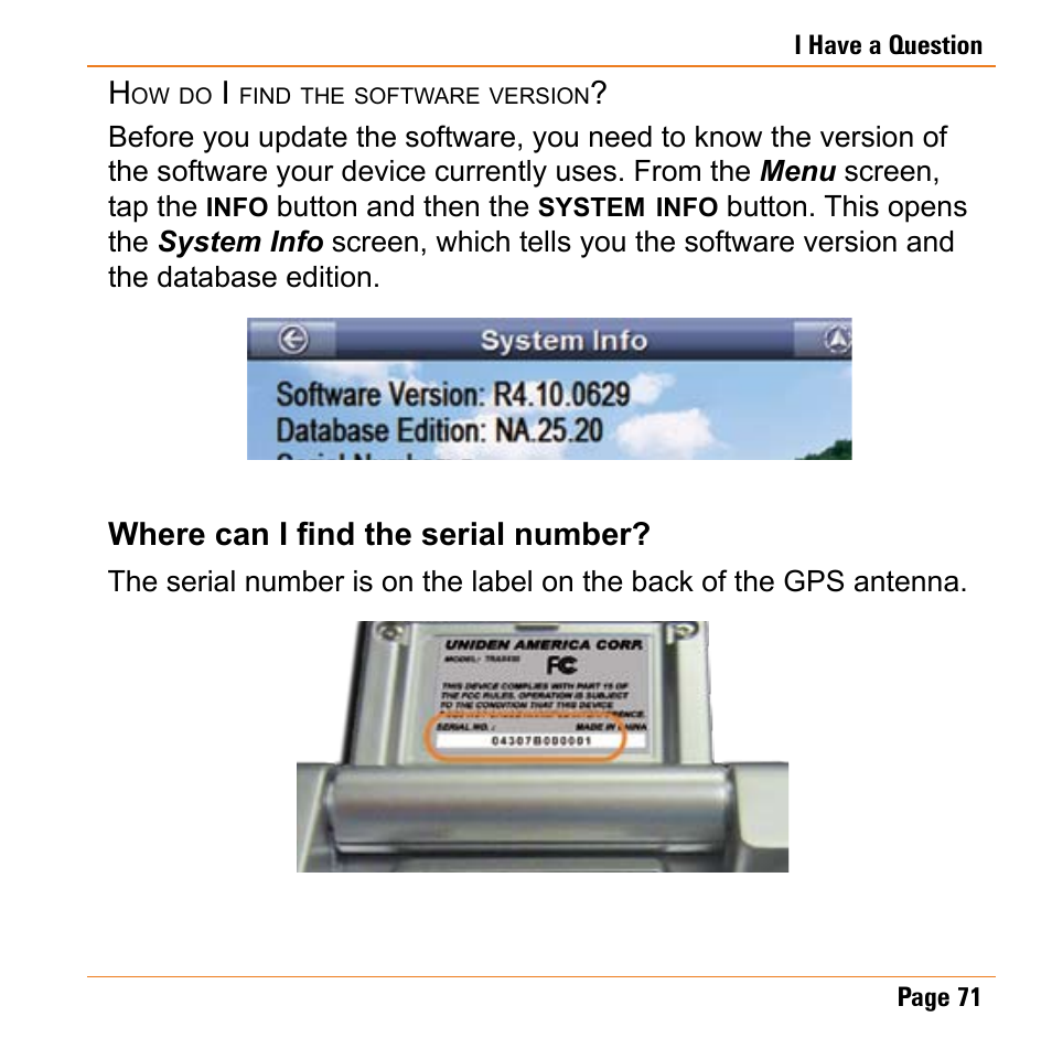How do i find the software version, Where can i find the serial number, How do i find the software version? . 71 | Where can i find the serial number? . 71 | Uniden TRAX430 User Manual | Page 71 / 84
