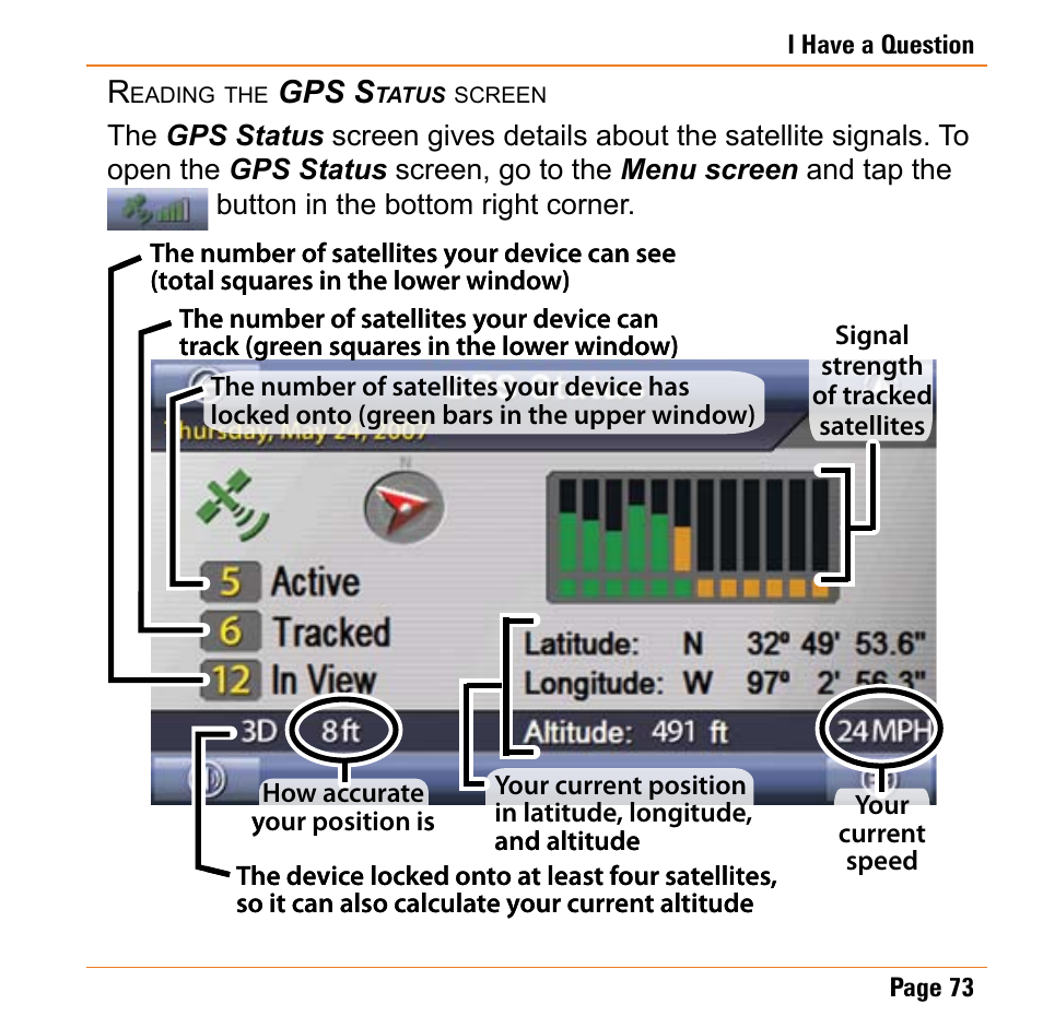 Reading the gps status screen, Gps s | Uniden TRAX430 User Manual | Page 73 / 84