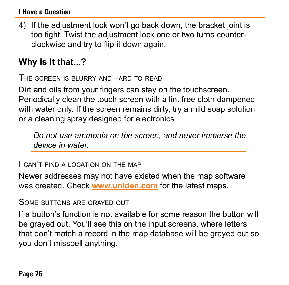Why is it that, The screen is blurry and hard to read, I can’t find a location on the map | Some buttons are grayed out, The screen is blurry and hard to read 76, Why is it that...? t | Uniden TRAX430 User Manual | Page 76 / 84