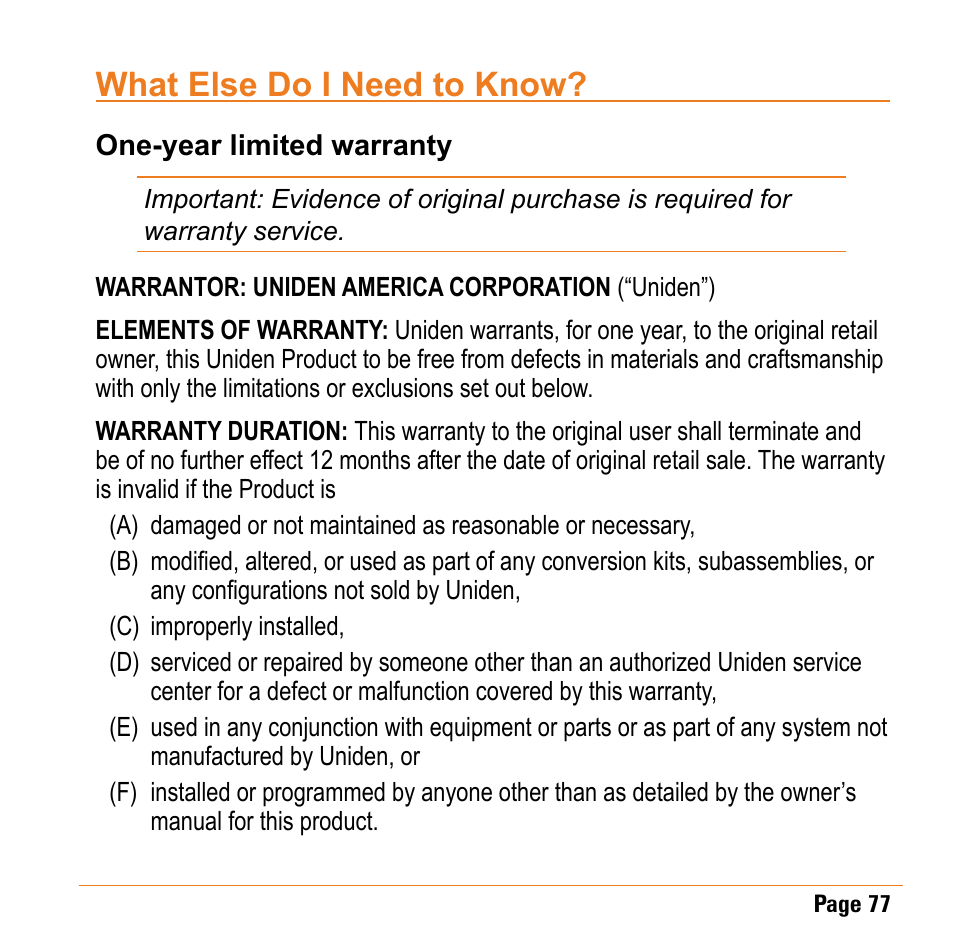 What else do i need to know, One-year limited warranty | Uniden TRAX430 User Manual | Page 77 / 84