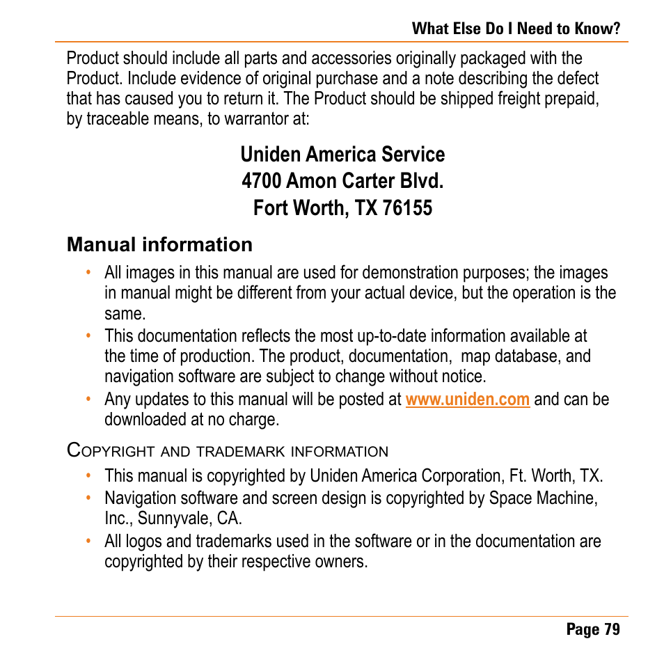 Manual information, Copyright and trademark information, Copyright and trademark information 79 | Uniden TRAX430 User Manual | Page 79 / 84