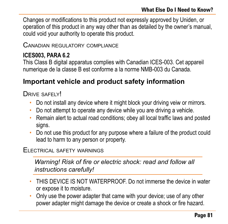 Canadian regulatory compliance, Important vehicle and product safety information, Drive safely | Electrical safety warnings, Important vehicle and product safety, Information, Important vehicle and product safety information d | Uniden TRAX430 User Manual | Page 81 / 84