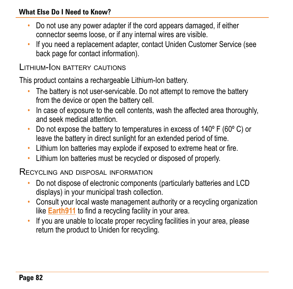 Lithium-ion battery cautions, Recycling and disposal information | Uniden TRAX430 User Manual | Page 82 / 84