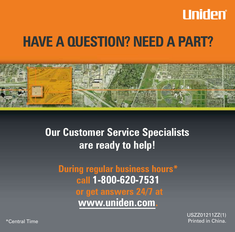 Have a question? need a part, Our customer service specialists are ready to help | Uniden TRAX430 User Manual | Page 84 / 84