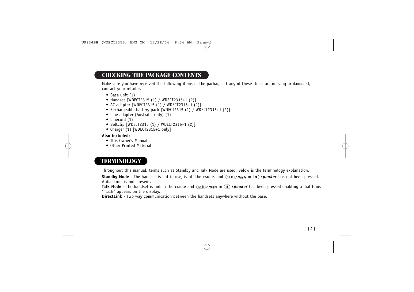 Checking the package contents, Terminology | Uniden 2315 User Manual | Page 11 / 60