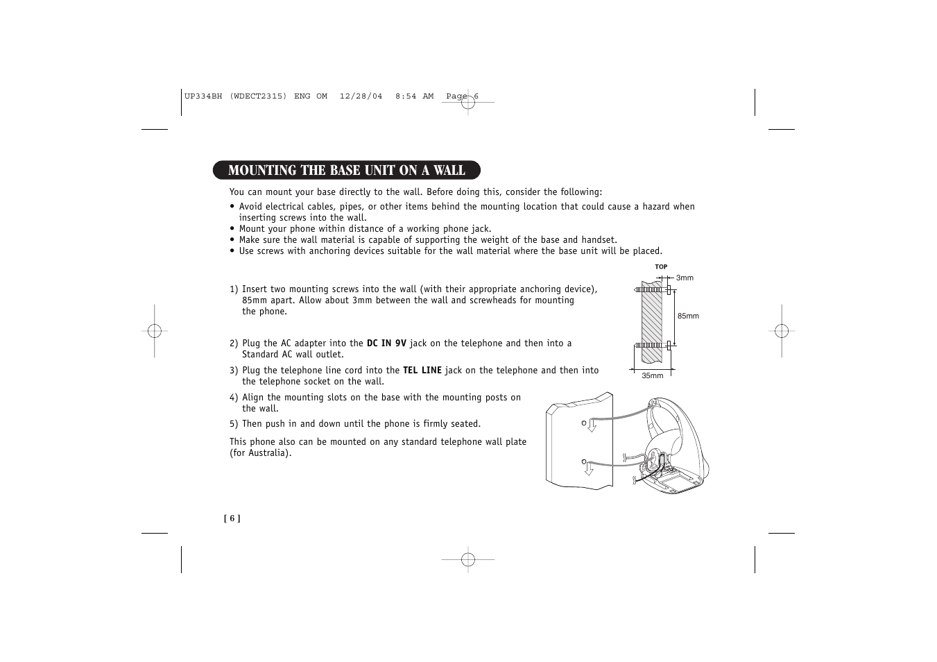 Mounting the base unit on a wall | Uniden 2315 User Manual | Page 12 / 60