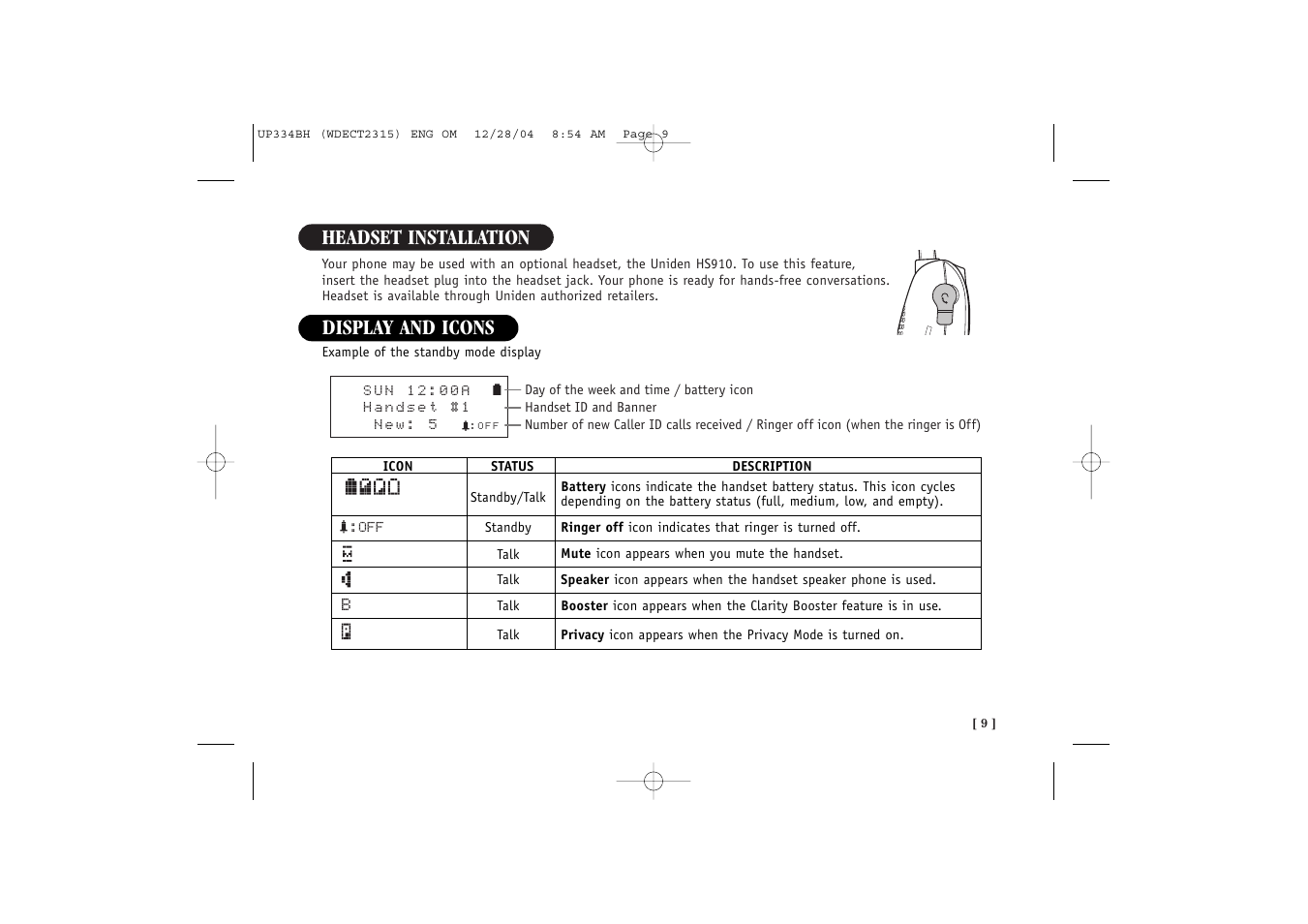 Headset installation display and icons | Uniden 2315 User Manual | Page 15 / 60
