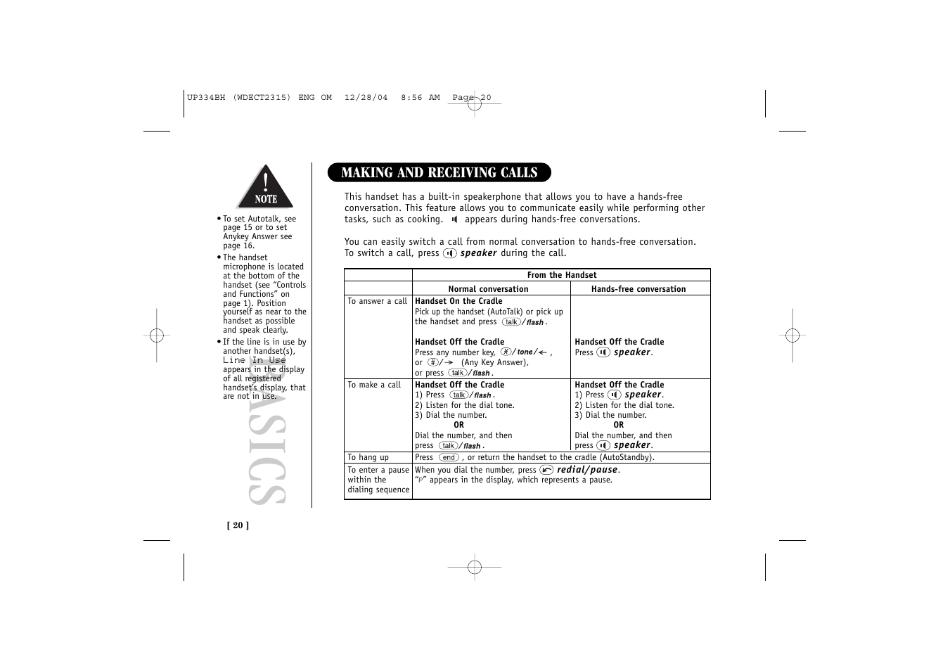 Basics, Making and receiving calls | Uniden 2315 User Manual | Page 26 / 60