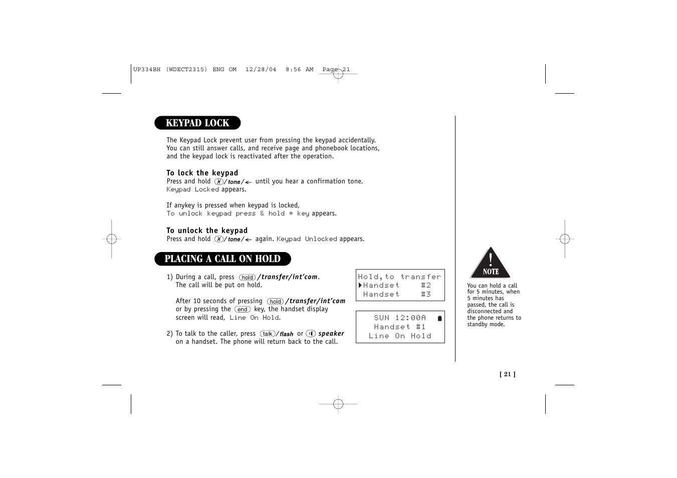 Placing a call on hold keypad lock | Uniden 2315 User Manual | Page 27 / 60