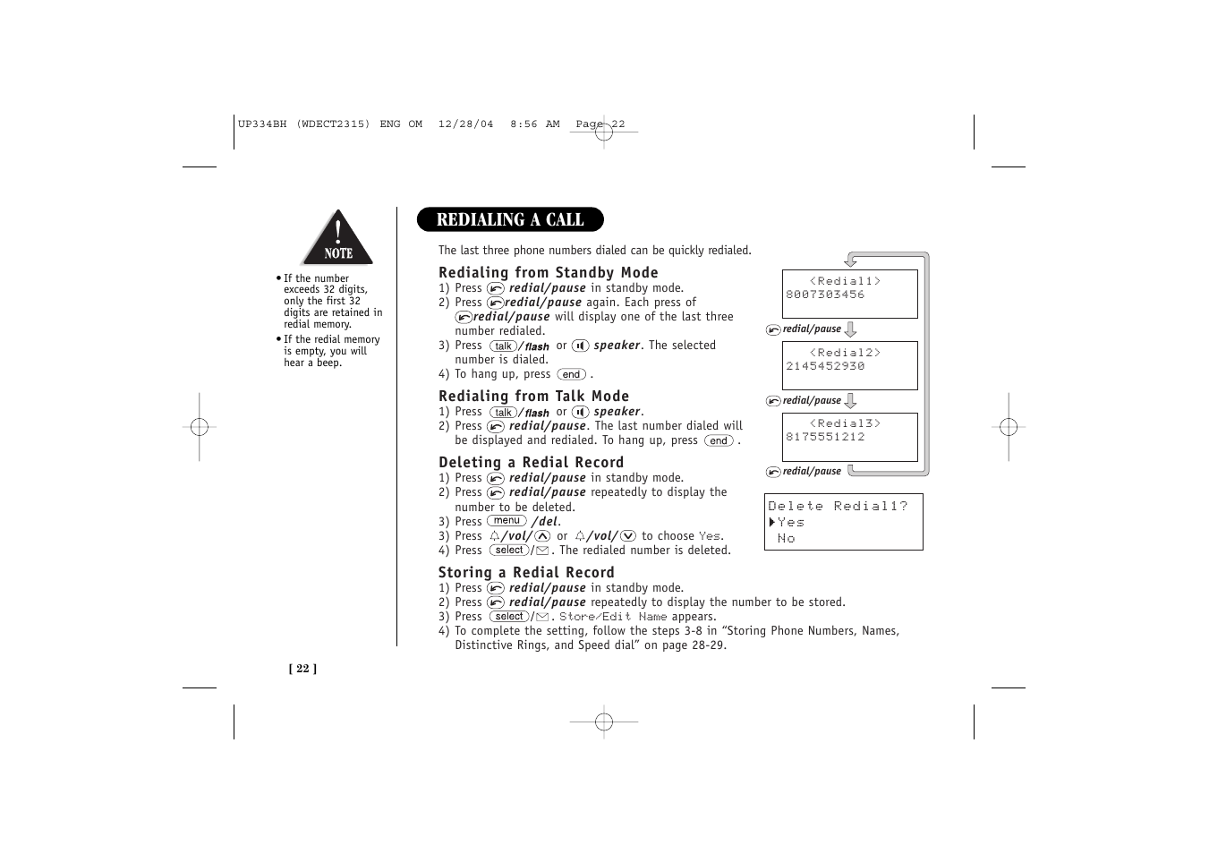 Redialing a call | Uniden 2315 User Manual | Page 28 / 60