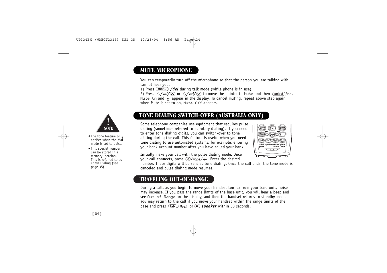 Traveling out-of-range, Mute microphone, Tone dialing switch-over (australia only) | Uniden 2315 User Manual | Page 30 / 60