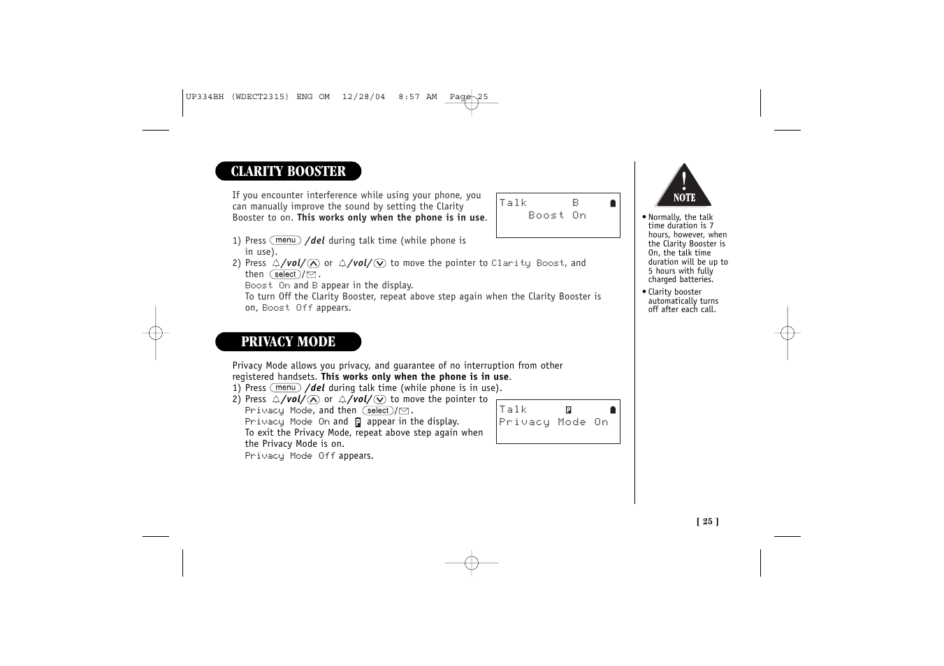 Clarity booster, Privacy mode | Uniden 2315 User Manual | Page 31 / 60