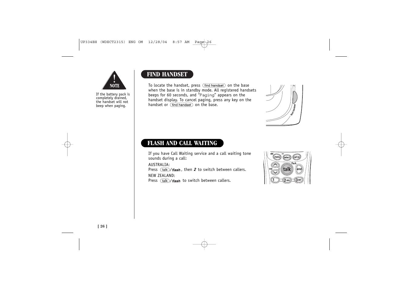 Find handset, Flash and call waiting | Uniden 2315 User Manual | Page 32 / 60