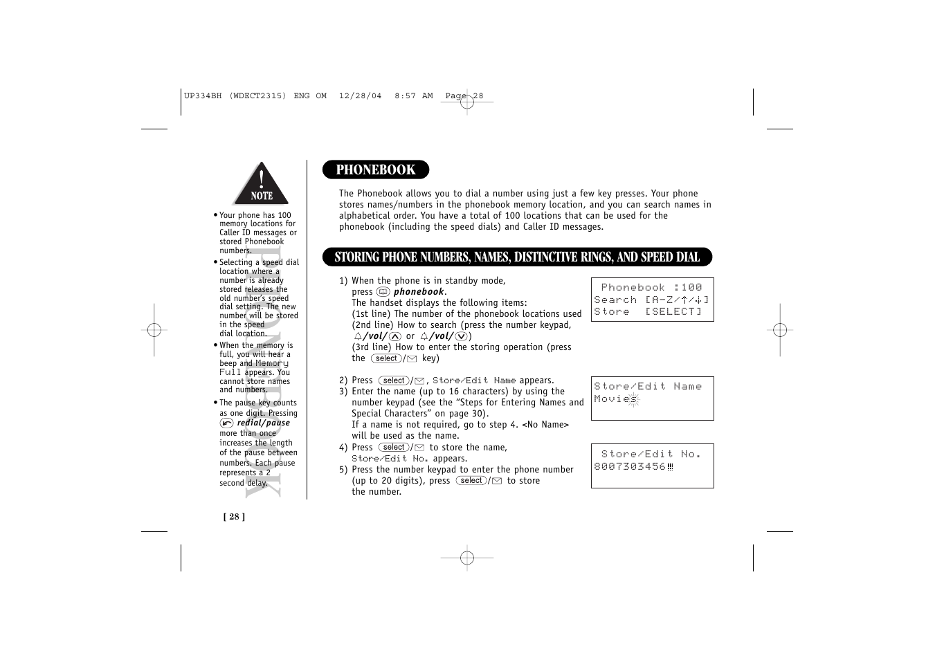 Phonebook | Uniden 2315 User Manual | Page 34 / 60