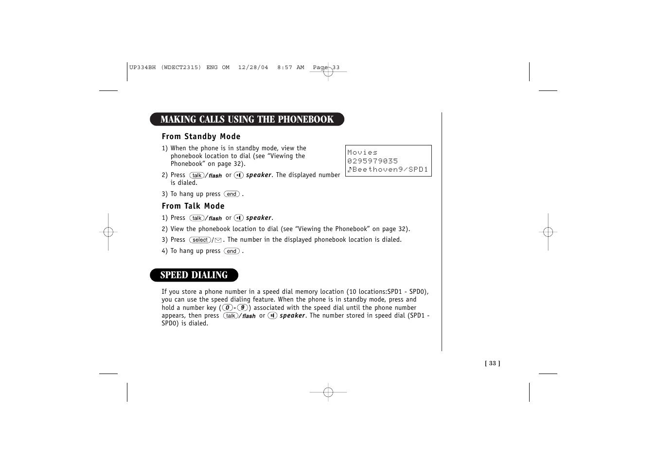 Making calls using the phonebook, Speed dialing | Uniden 2315 User Manual | Page 39 / 60