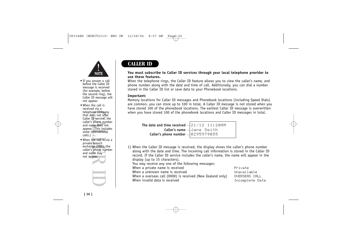 Caller id | Uniden 2315 User Manual | Page 42 / 60