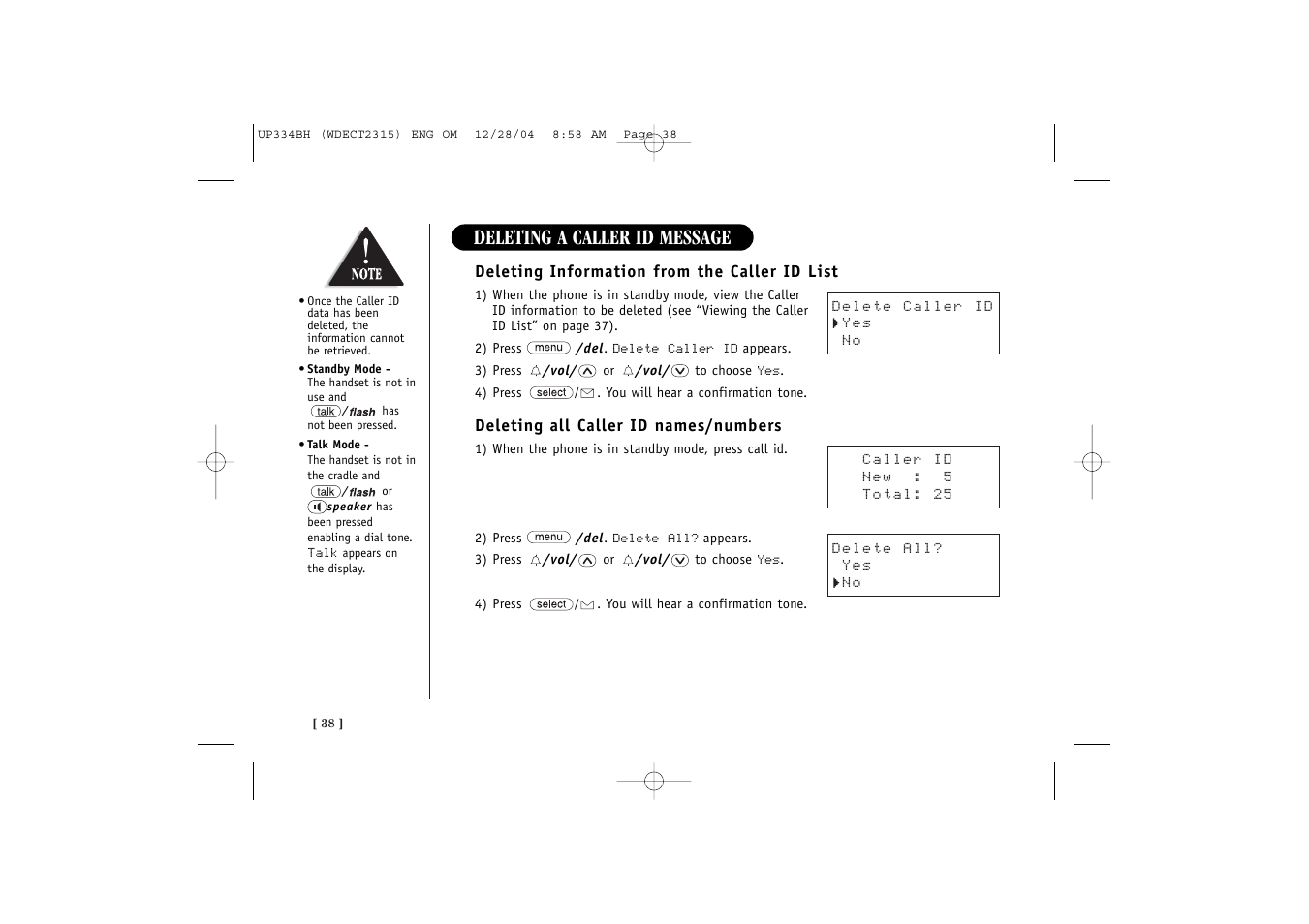 Deleting a caller id message | Uniden 2315 User Manual | Page 44 / 60