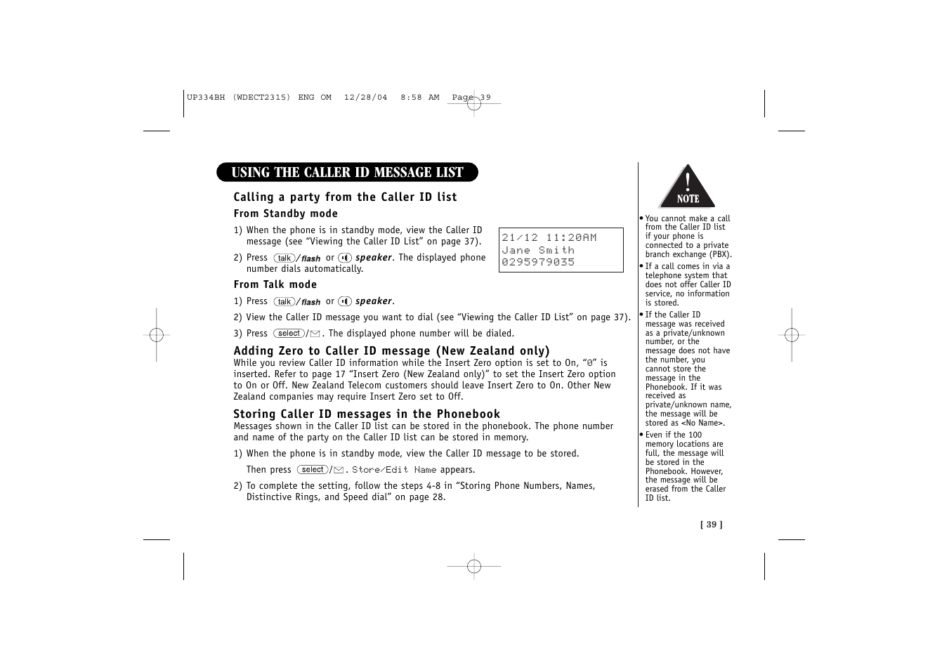 Using the caller id message list | Uniden 2315 User Manual | Page 45 / 60