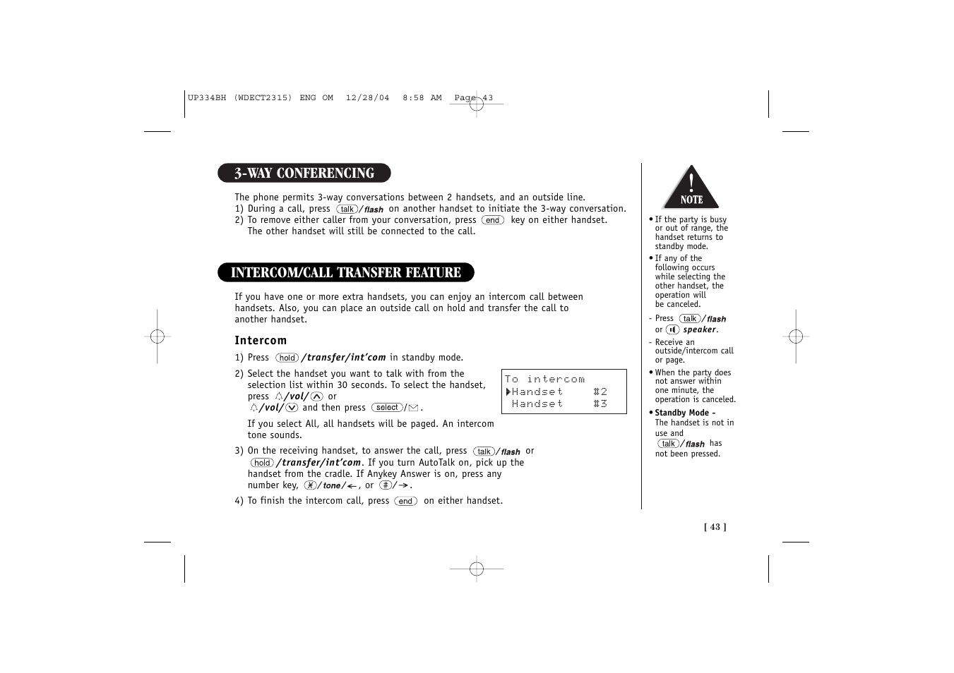 Way conferencing intercom/call transfer feature | Uniden 2315 User Manual | Page 49 / 60