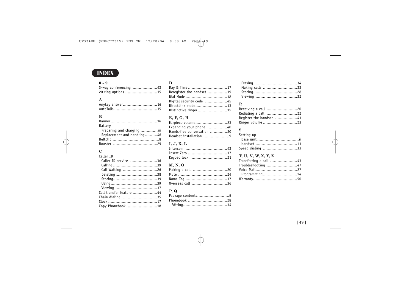 Index | Uniden 2315 User Manual | Page 55 / 60