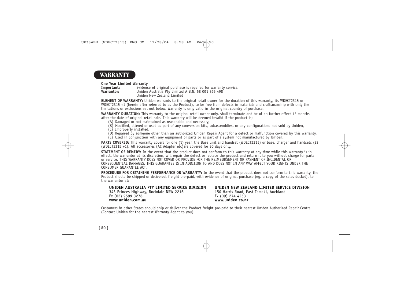 Warranty | Uniden 2315 User Manual | Page 56 / 60
