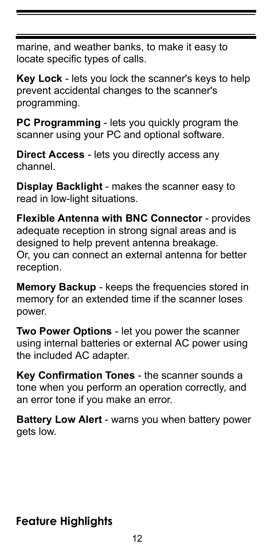 Feature highlights | Uniden BEARCAT BC95XLT User Manual | Page 12 / 64