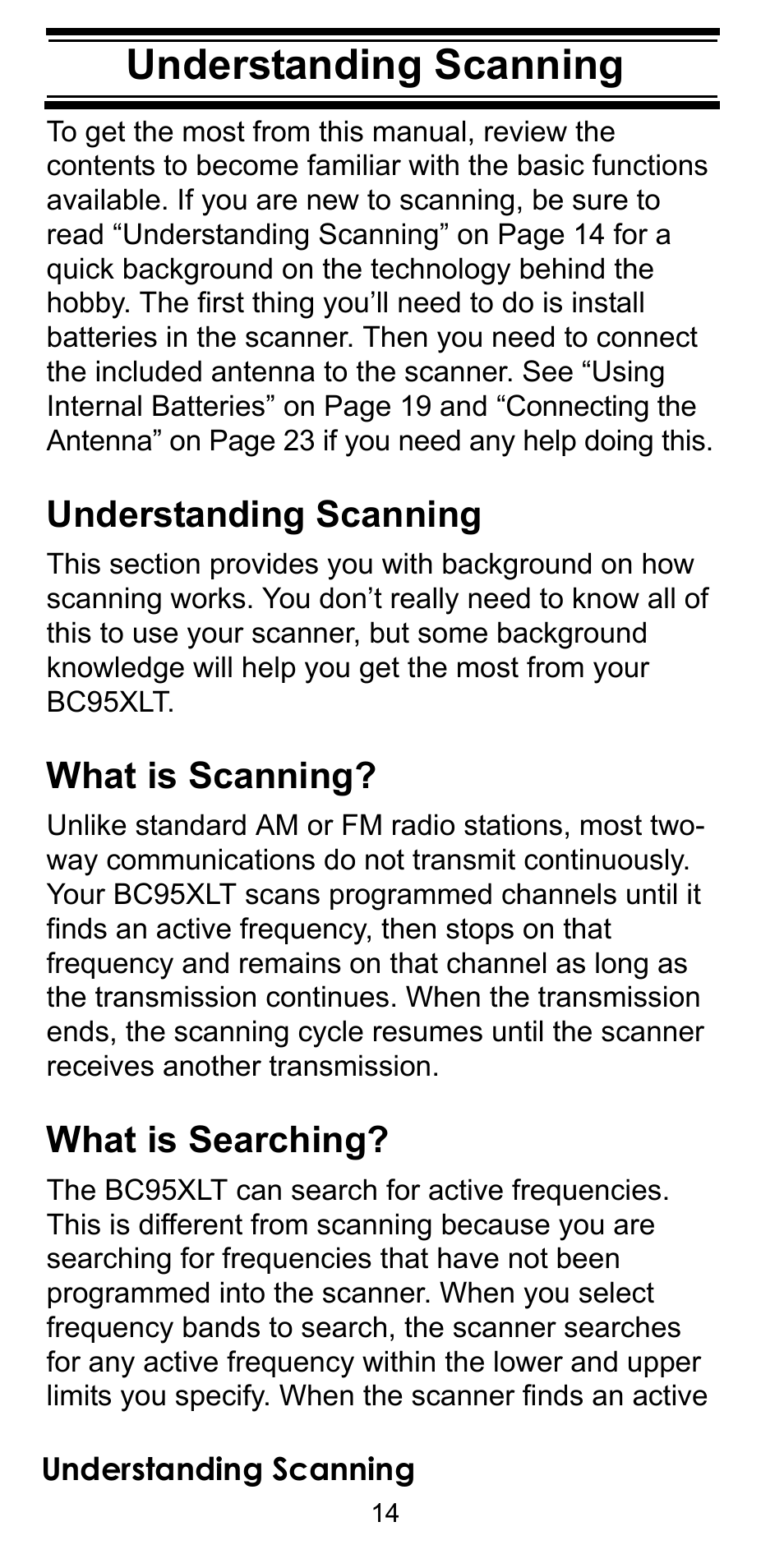 Understanding scanning, What is scanning, What is searching | Uniden BEARCAT BC95XLT User Manual | Page 14 / 64