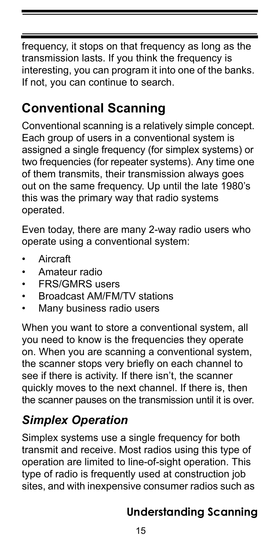 Conventional scanning, Simplex operation | Uniden BEARCAT BC95XLT User Manual | Page 15 / 64