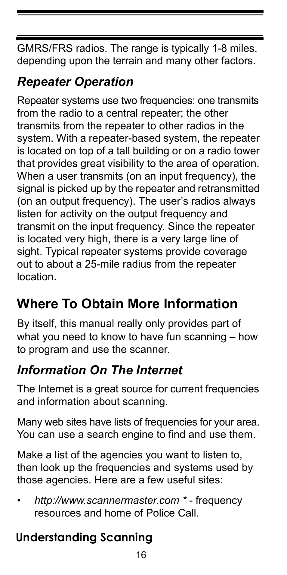 Where to obtain more information, Repeater operation, Information on the internet | Uniden BEARCAT BC95XLT User Manual | Page 16 / 64