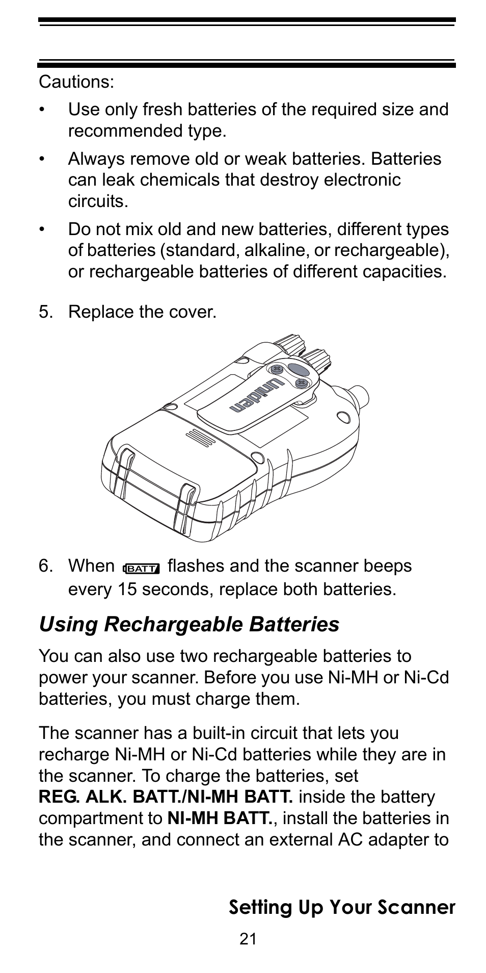 Replace the cover, Using rechargeable batteries, Setting up your scanner | Uniden BEARCAT BC95XLT User Manual | Page 21 / 64