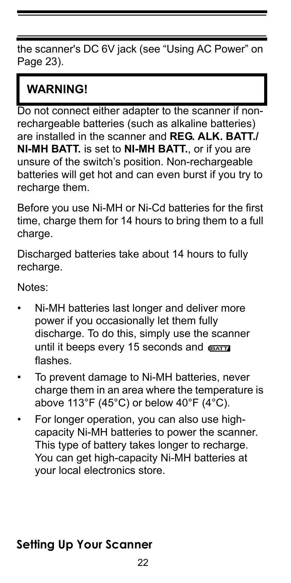 Setting up your scanner, Warning | Uniden BEARCAT BC95XLT User Manual | Page 22 / 64