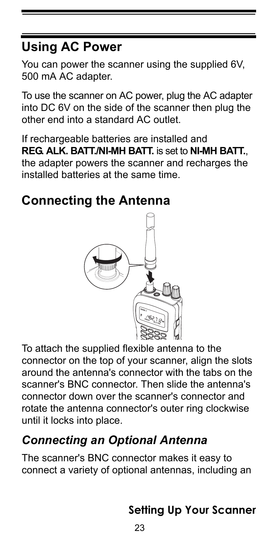 Using ac power, Connecting the antenna, Connecting an optional antenna | Uniden BEARCAT BC95XLT User Manual | Page 23 / 64